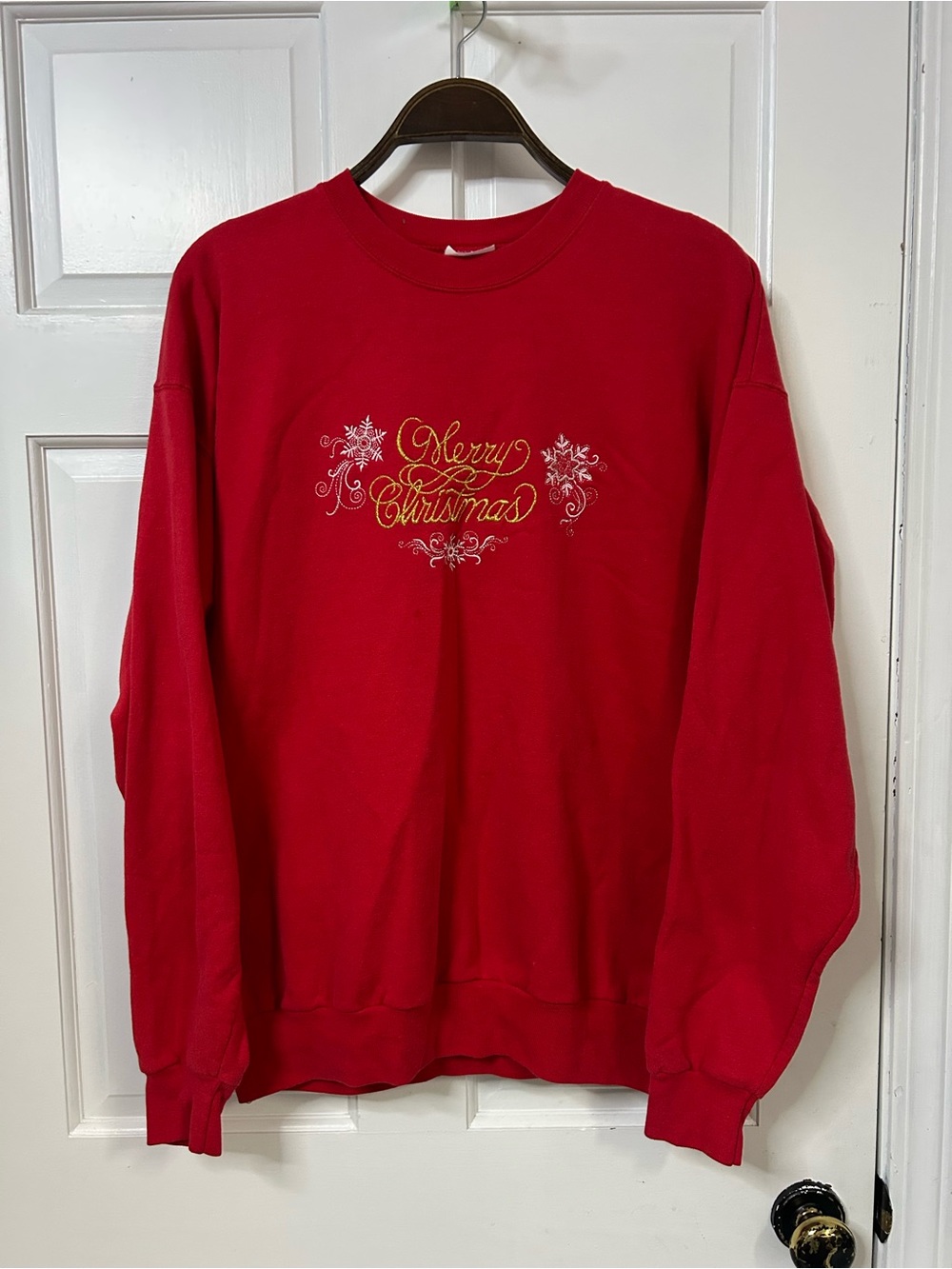Vintage Hanes Red Crewneck Sweatshirt with Gold Embroidered Holiday Script